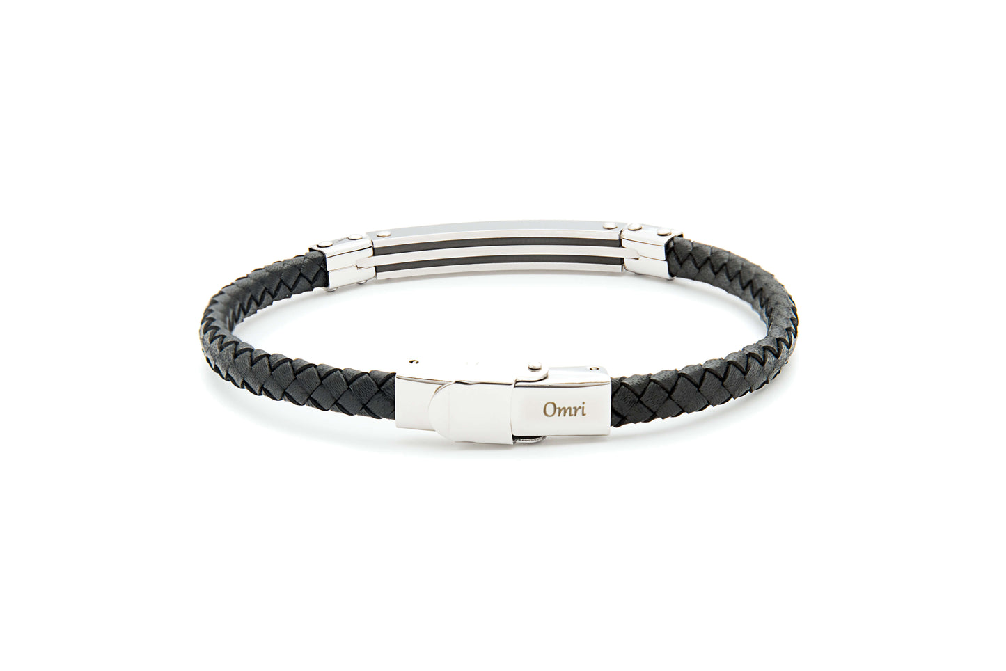 Stainless Steel and Black Braided Genuine Leather Bracelet