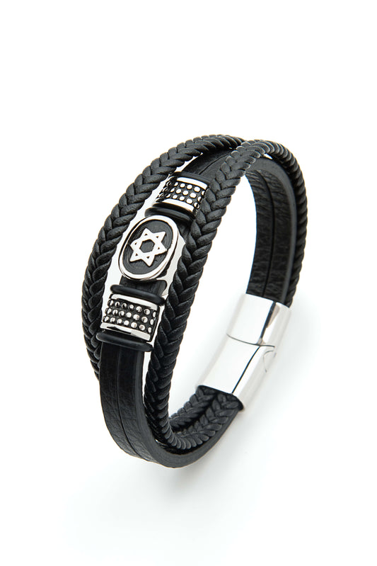 Star of David Braided Genuine Leather and Stainless Steel Bracelet