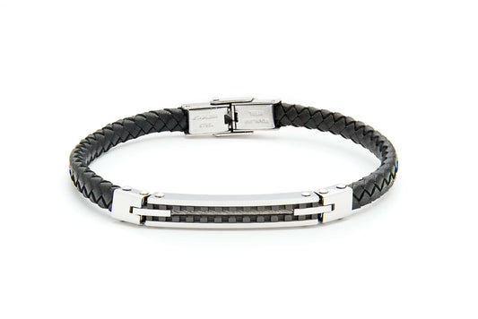 Stainless Steel and Black Braided Genuine Leather Bracelet