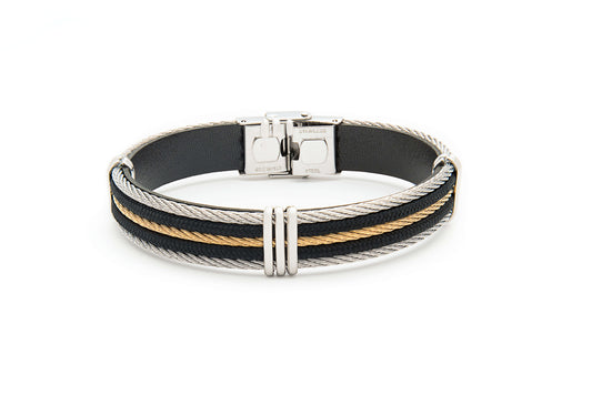 Stainless Steel with Black Genuine Leather Bracelet 8 1/2 Inches