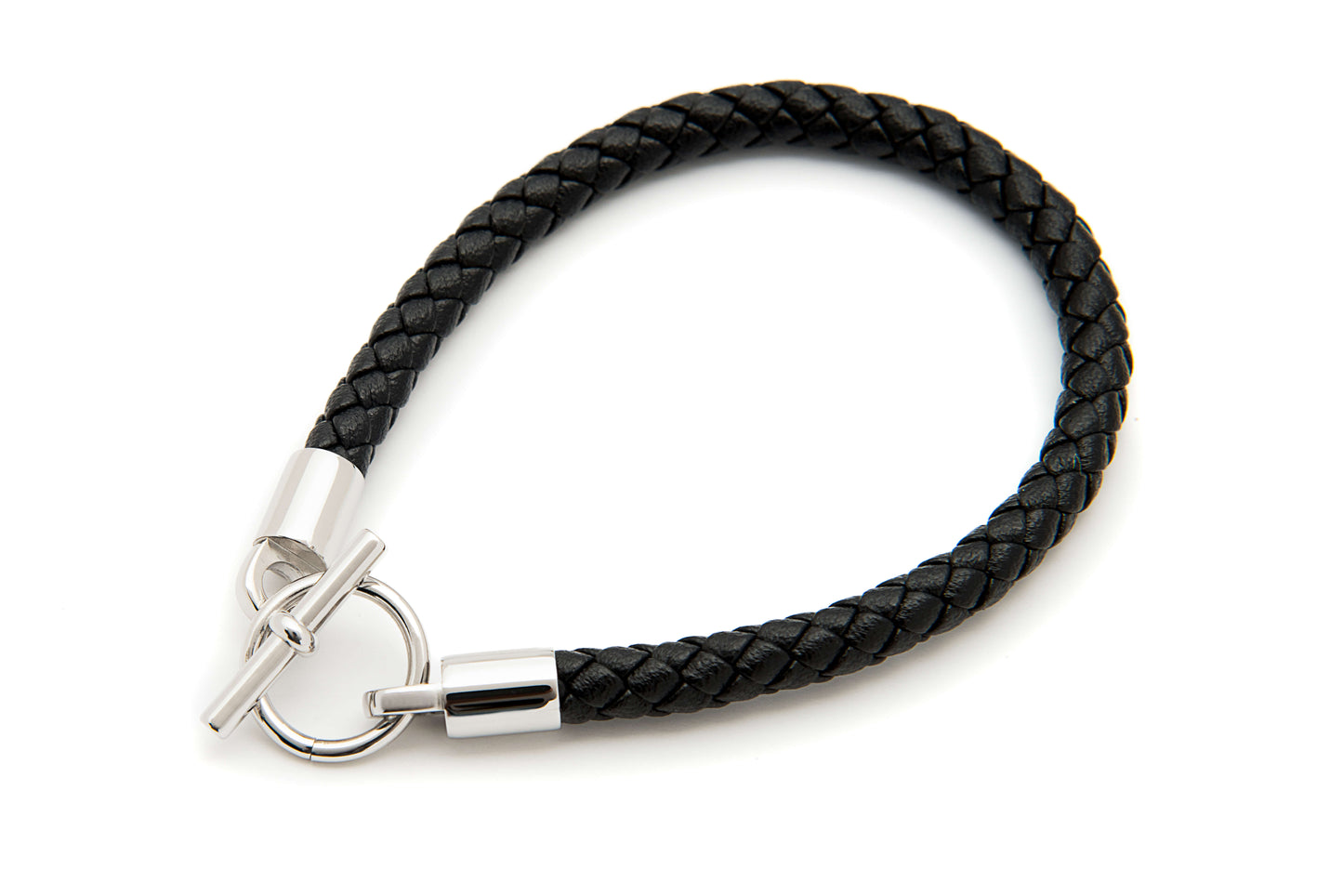 Genuine Black Braided Leather Stainless Steel Link Bracelet