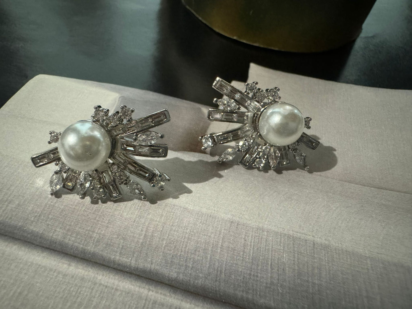 Rhodium Plated Earring with 8MM Simulated pearl and Marquise and Baguette CZ's